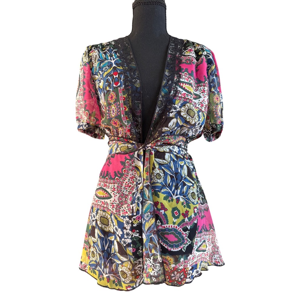 Cabi Womens Sheer Paisley‎ Patchwork Lace Trim Tie Front Blouse Size S Bohemian